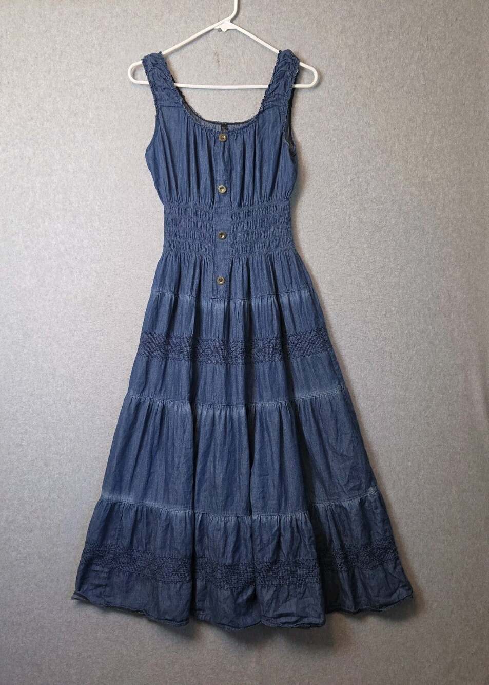 Lapis 100% Cotton Blue Chambray Tiered Smocked Maxi Boho Dress Women's Medium